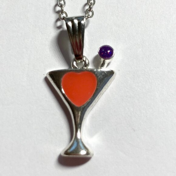 Martini Cocktail Drink Cup Glass Charm Necklace Pendant Pink Enamel 18" Chain - Picture 2 of 9